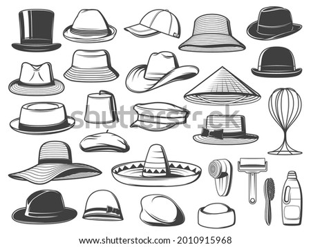 Men and women hats, caps and panamas. Vector top hat, trilby and sombrero, homburg, bucket and cowboy, asian, fez and boater, basketball, breton and flat cap, fedora, floppy and cleaning accessories