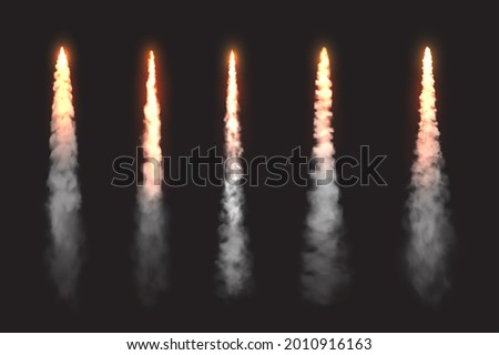 Rocket fire smoke trails, spacecraft startup launch clouds vector design elements. Space jet fire flames, airplane or shuttle straight contrails in sky, realistic 3d set isolated on black background