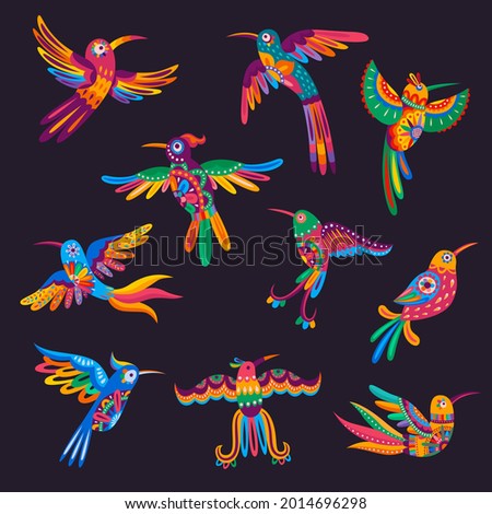 Mexican colorful hummingbirds and parrots. Vector alebrije birds with Mexico folk pattern and bright floral ornament on feathers of tail and wings, cartoon exotic tropical birds for Mexican design
