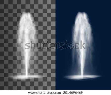 Vertical fountain with cascade of water jets and splashes, vector isolated realistic 3d on transparent background. Waterfall stream spray of fountain water jets or geyser and aqua spring eruption