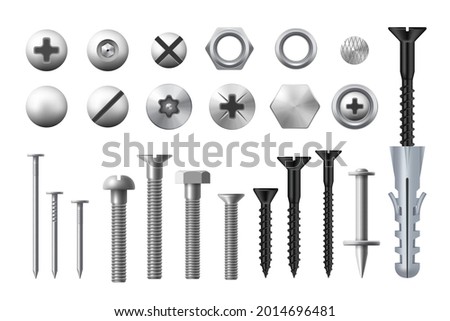 Metal bolts, screws, nuts and nails. Realistic vector metal fasteners and rivets, woodwork and metal works equipment, washers and self-tapping or thread-cutting screws
