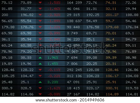 Stock exchange board, market index graphs and charts, vector background. Stock exchange board display with prices and currency financial data of electronic trade rates