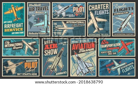 Aviation and modern air transport retro posters set. Airfreight service, pilot school and air travel, charter flights, aviation museum and show, airport banners. Military and passenger planes vector