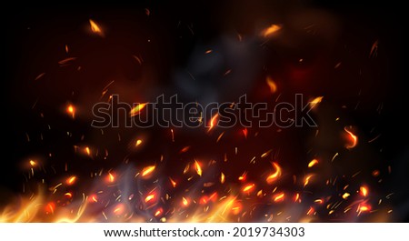 Campfire, fireplace flying sparks, burning flame red hot sparks. Realistic vector fire with particles, embers and cinder flying up. 3d bonfire blaze effect, glow shining flare. Heat tongues background