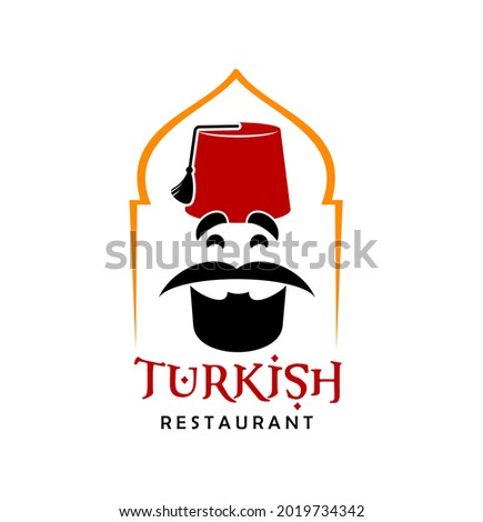 Turkish cuisine restaurant chef icon. Vector emblem with bearded Turk in traditional fez inside of arch isolated on white background. Turkey food label for cafe, menu design or national food festival