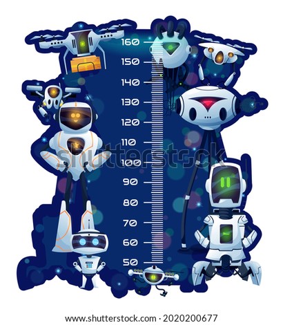 Kids height chart with robots and androids, vector growth meter cartoon background. Kids height chart or baby measure ruler scale wall sticker with space droid robots, chatbots and tech drones