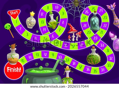 Child Halloween board game with magic potions. Kids race game, children roll and move boardgame template with cartoon vector magic elixirs, fly agaric mushroom and witch cauldron with boiling potion