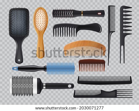 Hairbrush and combs realistic vector fashion equipment for hair care set isolated on transparent background. Different types of 3d combs, professional hairdresser accessories for beauty and styling