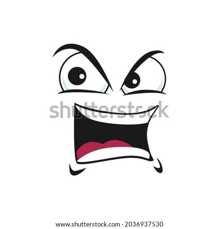 Grumpy sullen emoji, ireful or rageful emoticon isolated icon. Vector irritated angry smiley in bad mood, emoji with eyebrows up. Upset emotion, wrathy sad emoji with open mouth, angry smiley