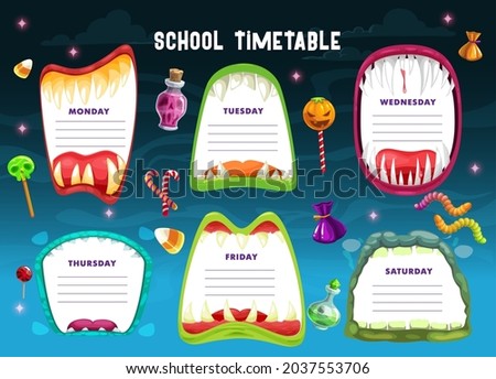 School schedule, timetable or education planner vector template with Halloween monster mouth frames. Week time table or weekly study plan of student classes with background of Halloween sweets