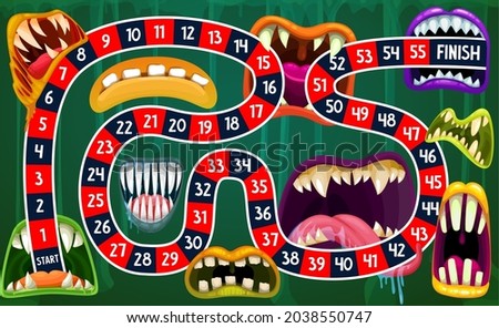 Children board game with vector path through Halloween monster mouths. Start to finish boardgame or dice puzzle, kids activity with screaming vampires and alien mutants, sharp teeth, fangs and saliva