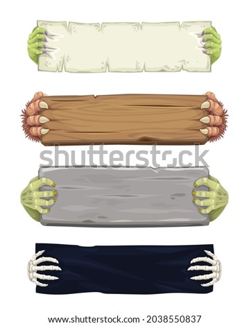 Vampire, werewolf, skeleton and zombie cartoon hands with banners and scrolls. Halloween monsters characters fingers with talons holding parchment scroll, wooden plank and stone plate, piece of fabric