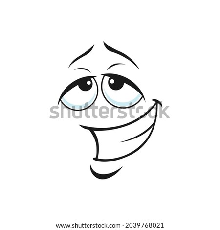 Wicked popped-eyed smiley, angry emoticon with smirked in triumph smile isolated icon. Vector smug, conceited, or silly smile, self-confident emoticon head, suspicious kind face, big eyes