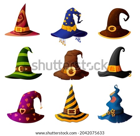 Witch, magician wizard or warlock sorcerer and mage Halloween hats, vector. Cartoon caps of sorceress witch, dwarf or elf leprechaun, fantasy fairy hats, Halloween holiday costume with golden buckles Foto stock © 