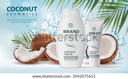 Coconut cosmetics, shampoo and cream packaging in water splash. Vector coconut palm tree fruit, nut shell and green leaves. Realistic 3d bottle and tube of natural products for hair care, ad poster