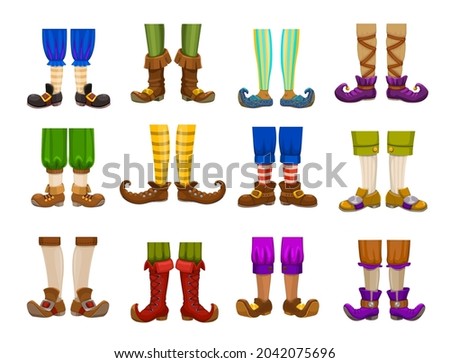 Cartoon legs of gnome, elf, wizard, magician and warlock, wiz and sorcerer. Isolated vector feet and shoes of fairy magic characters with funny striped pants, socks and stockings, boots and tights Zdjęcia stock © 