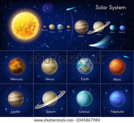 Astronomy galaxy infographics with asteroids or nebula. Solar system planet vector infographic. Sun, Mercury Venus and Earth, Mars Jupiter, Saturn and Uranus or Neptune space galaxy planets and stars.