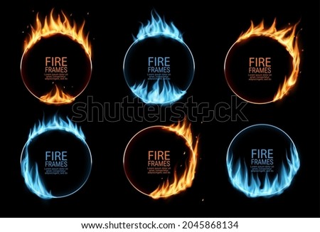 Round frames with fire and gas flames, burning circus circle rings, vector. Blue gas or burn light glow and fire flame effect border frames, flaming flares and sizzling energy with blazing fireballs
