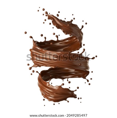 Chocolate milk twister, whirlwind or tornado realistic splash. Coffee and cocoa vector brown swirl, stream, liquid splashing with droplets. Isolated realistic 3d splash whirl for drink package promo
