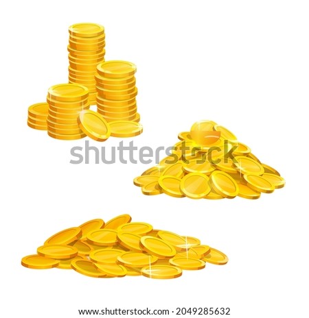 Cartoon golden coins pile and stacks, vector gold money icons. Golden coins currency, shiny gold piles and stack heaps of coins isolated on white for income and investment or wealth money