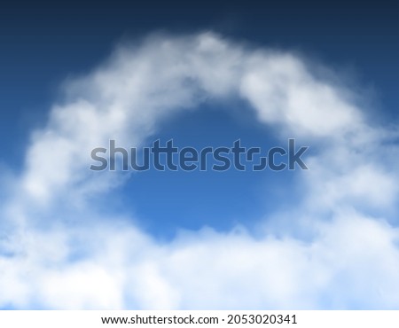Round arch clouds in blue sky heaven background. Vector fog or smoke frame, realistic cloudy sky, 3d effect. White aroma or toxic steaming vapour border, smoky chemical or cigarette steam circle Imagine de stoc © 