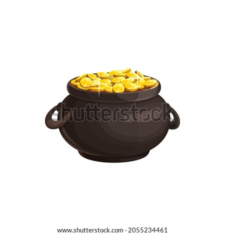 Copper cauldron full of gold isolated metal pot with leprechaun savings. Vector Saint Patricks Day treasures, celtic Ireland holiday mascot. Symbol of wealth and rich, St. Patrick golden money coins