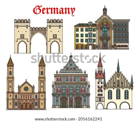 Germany architecture, Munich buildings and travel landmarks, vector. German churches of St Ludwig and Saint Michael, Karlstor gates, Old Town Hall or Altes Rathaus and Johann Nepomuk Asamkirche