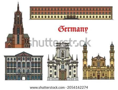 Germany, Munich architecture buildings and travel landmarks, vector. Preysing Palace and Bavarian State Library, St Cajetan Theatine and Trinity church, Saint Bartholomew cathedral dom in Munchen