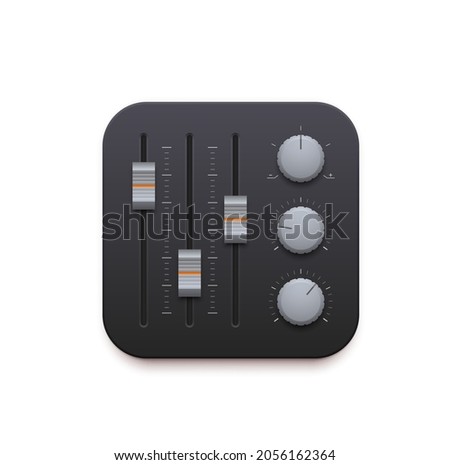 Sound mixer, music and sound record app 3d icon. Vector audio mixing console or music studio board panel isolated symbol with control knobs, switches, fader sliders, application interface button