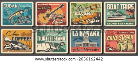 Cuba and Havana travel landmark retro posters. Vector Caribbean Sea beach, tropical palms, Cuban map, tobacco cigar, coffee and guitar, Havana capitol building, fishing boat, blue marlin and turtle