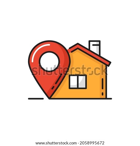 Delivery to home, parcel tracking, point location isolated flat icon. Vector pinpoint on house dwelling, fastfood fast online orders and shipping services, navigation, place delivery to location Stockfoto © 