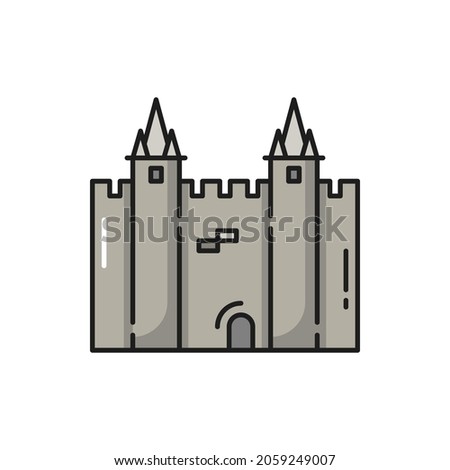 Fortress castle of Portugal isolated flat line icon. Vector medieval Europe architecture, famous tourist place fortress. Traditional Portuguese landmark, brick tower cathedral, old city symbol