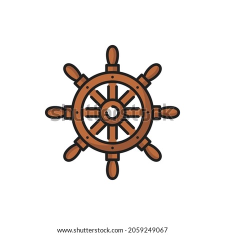 Ship wheel, seafarer handwheel or ship-wheel with handles isolated flat line icon. Vector boat control rudder steering wheel, marine navigation equipment. Vessel control object by captain or sailor,