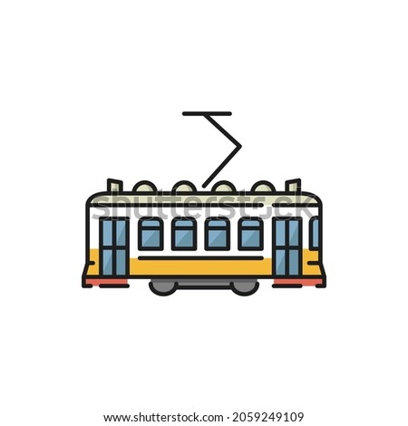 Lisbon city trolley isolated tram trolley flat line icon. Vector urban trolleybus design element. Retro Portugal Turkey train, passengers, people transportation service. Tramway rapid trolley