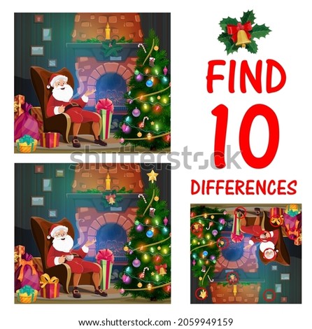 Child Christmas maze with find differences task. Children game, playing activity for kids with Santa character sitting with cup of tea in home living room, fireplace and Christmas tree cartoon vector