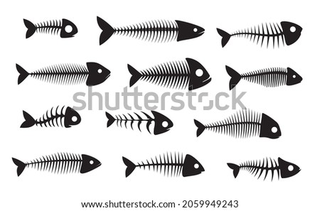 Fish bone silhouette icons, black isolated fishbone vector skeletons. Dead fish bones of herring, barracuda or piranha with head skull and spine tail, marine and sea nautical symbols
