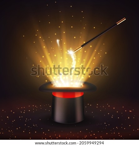 Circus magician top hat and magic wand with sparkles, vector background. Circus show, magician illusionist or wizard cylinder cap with stick, trick illusion with gold glitter light and magic shine