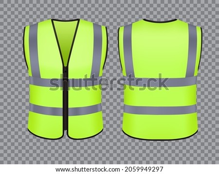 Safety vest jacket, isolated security, traffic and worker uniform wear, vector realistic mockup. Safety vest with retroreflective stripes of green color, security guard or personal protective uniform
