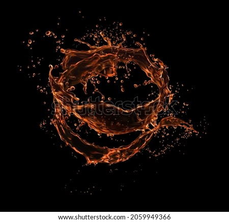 Cola drink or whiskey wave splash on dark background. Soda beverage or bourbon alcohol isolated swirl. Realistic vector 3d liquid splash of rum, brandy, cognac, cold tea drink splashing motion