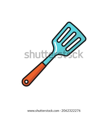 Spatula with wood handle isolated kitchen utensil color line icon. Vector household dishware to mix, lift, flip food during cooking. Slotted metal, plastic wood spatula, kitchen utensil, kitchenware Сток-фото © 