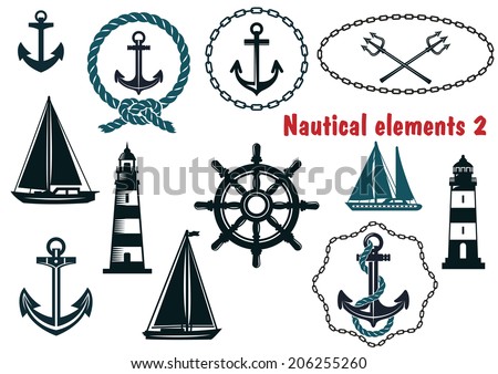 Set of nautical heraldry themed logo design elements with assorted anchors, crossed tridents, sailboat, yacht, two lighthouses, ships wheel, schooner, rope and chain frames