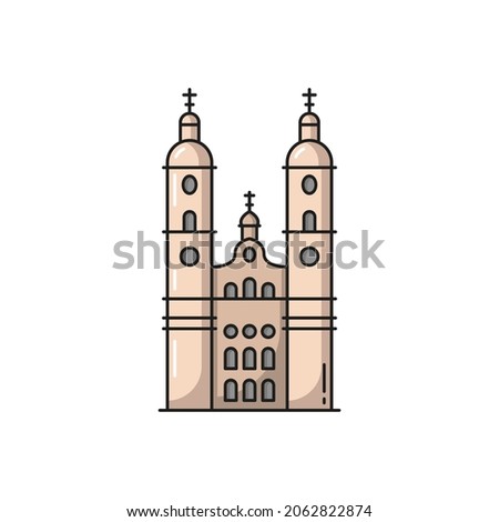 Cathedral Swiss landmark isolated flat line icon. line icon. Vector swiss national symbol, medieval architecture, tourist attraction. Grossmunster Church in Zurich old town, religion building