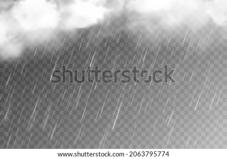 Rain water drops and clouds on transparent background, vector falling raindrops or rainy weather pattern. Rain and storm sky, realistic cloudy effect of rainfall shower and white fog with wind