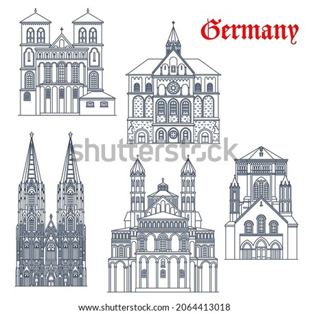Germany travel landmarks and architecture buildings of Cologne, vector. German architecture of St Gereon Basilica, St Cunibert or Kunibert and Saint Andrew church, Cologne Cathedral
