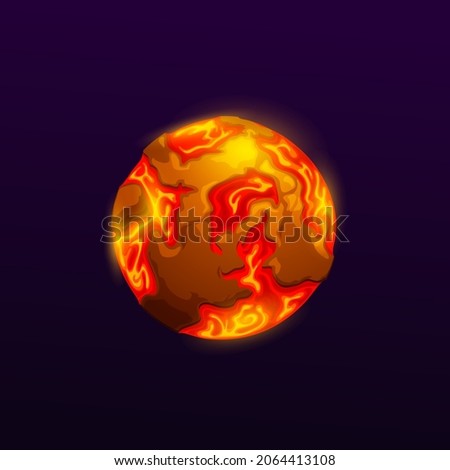 Cartoon space planet with lava and fire oceans. Proto-Earth, far galaxy solar system planet or game UI icon asteroid, alien world with volcanic activity on surface, molten rocks and hot lava flows