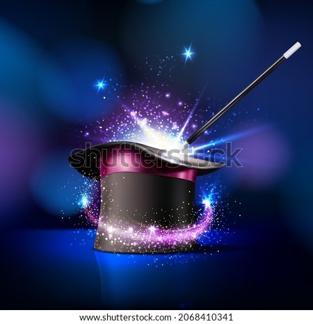 Circus magician top hat and magic wand trick with sparkling light, vector background. Circus show or funfair carnival poster with magician illusionist or wizard cylinder cap and wand with magic shine Foto stock © 