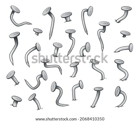 Cartoon bent nails. Isolated steel metal nails vector set. Sharp hardware spikes or hobnails of grey color, curved and hammered into wall on white background. Old iron carpentry items