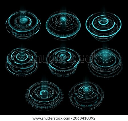 HUD cyberpunk futuristic circular virtual portals and teleport hologram, vector interface. HUD or cyber punk game time portals with light effects. Digital screen interface future Sci Fi technology