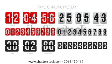 Flip countdown clock counter. Time chronometer, count down flip board with scoreboard of day, hour, minutes and seconds. Sale coming soon timer, airport dashboard departure time vector design elements