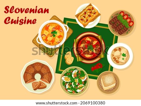 Slovenian cuisine food of vector meat and vegetable dishes with desserts. Grilled beef sausages, dumplings and sauerkraut bean stew, dandelion egg salad, cream cake and nuts roll